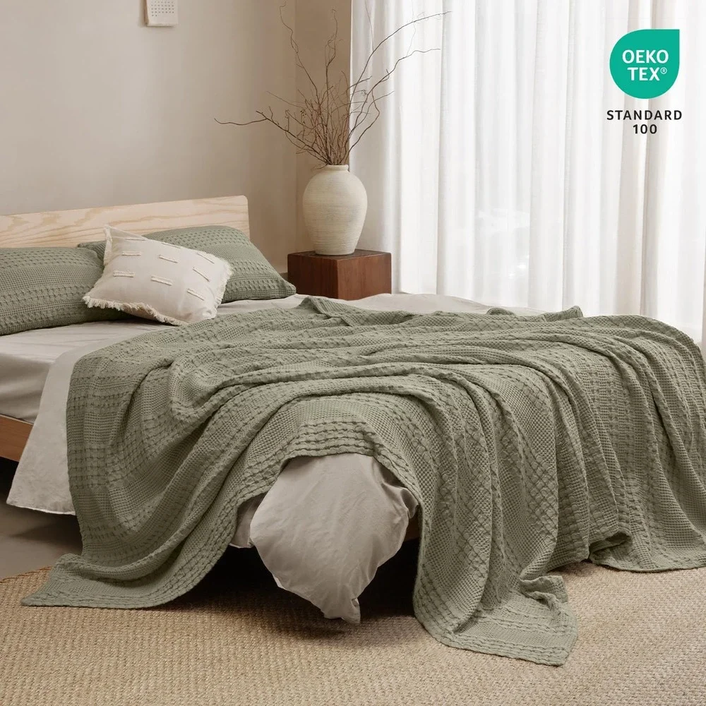PHF Waffle Blanket Queen Dusty Sage 100% Cotton Textured Lightweight Soft New